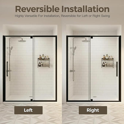 56-60" W x 72" H Semi-Frameless Pivot Swing Shower Doors | 1/4" (6mm) Clear SGCC Tempered Glass with a 24.8" walk-in opening, Matte Black Finish, Reversible, Magnetic Closing
