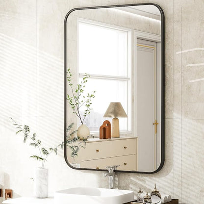 Easly 30 x 40 Inch Bathroom Mirror, Rounded Rectangular Vanity Mirror for Wall, Modern Mirror for Room Decor, Black Framed Wall-Mounted Mirrors for Home Decor, Hangs Horizontally or Vertically