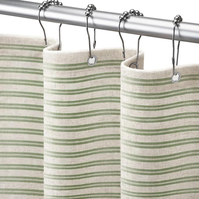 Farmhouse Striped Shower Curtain Horizontal Green Vintage Linen 72"W X 72"L | Striped Shower Curtains with Linen Texture for Bathroom Decor