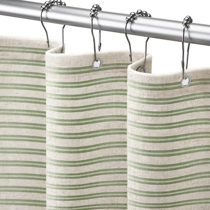 Farmhouse Striped Shower Curtain Horizontal Green Vintage Linen 72"W X 72"L | Striped Shower Curtains with Linen Texture for Bathroom Decor