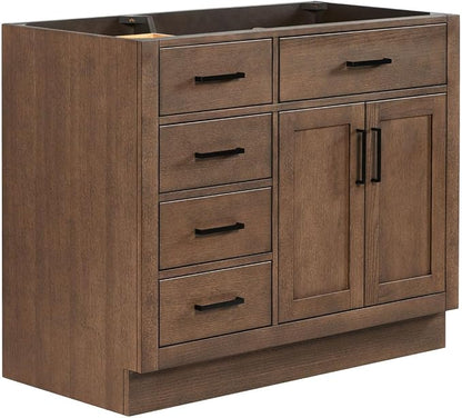 ARIEL Hepburn 42-inch Bathroom Vanity Base Cabinet,Solid Wood, 2 Soft Closing Doors, 5 Dovetail Drawers, Brown Oak
