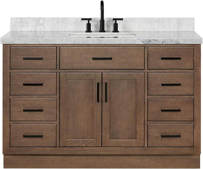 DKB Isabella 54-Inch Brown Oak Single Bathroom Vanity with Sink, 1.5-Inch Edge Italian Carrara Marble Countertop & 4" Backsplash, Soft-Closing Doors & Drawers, Solid Oak Wood Construction
