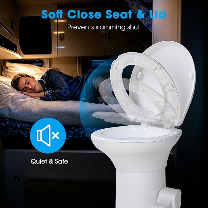 AW RV Toilet Porcelain Enamel & HDPE Gravity Flush Camper Trailer Toilet | Elongated 20" High Profile Foot Pedal Flush Motorhome Caravan