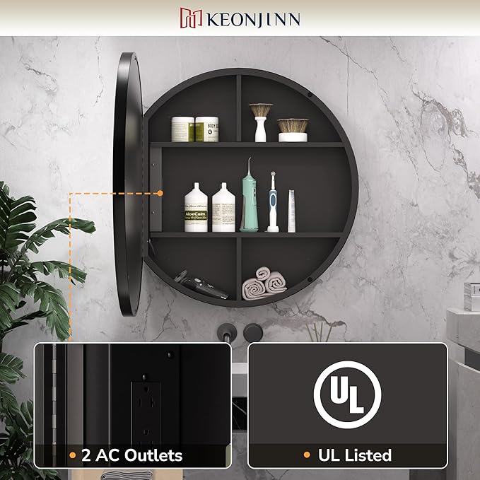 Keonjinn 26 Inch Round Medicine Cabinet with Lights, Black LED Bathroom Medicine Cabinet Mirror, Circle, Electrical Outlet, 3 Color Lights, Anti-Fog, Dimmable, Surface Mount Only