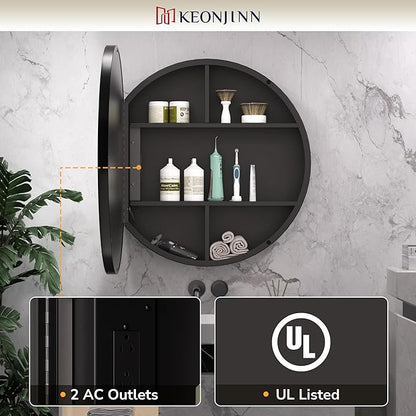 Keonjinn 26 Inch Round Medicine Cabinet with Lights, Black LED Bathroom Medicine Cabinet Mirror, Circle, Electrical Outlet, 3 Color Lights, Anti-Fog, Dimmable, Surface Mount Only