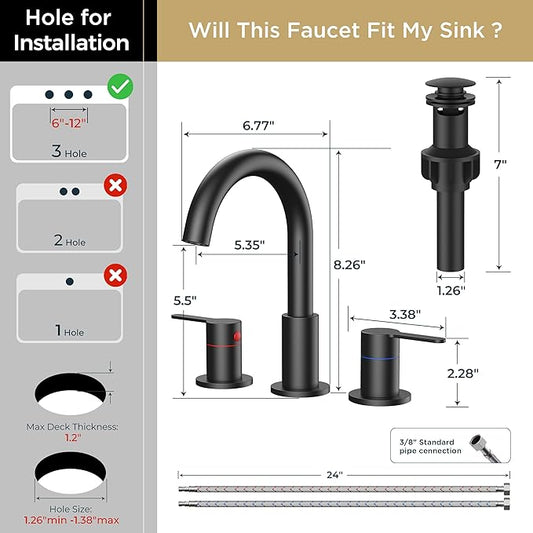 QFN Matte Black Bathroom Faucets 3 Hole, 8 Inch Widespread Vanity Sink Faucet with Aerator, 2 Handle 360° Swivel High Arc Spout, Spot-Free Finish, cUPC NSF Certified and CEC & DOE Compliant
