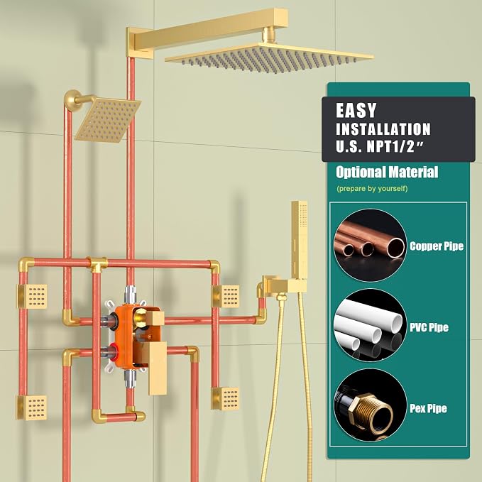 Enga Shower System with Body Jets, Dual Head 10 Inch Rain Shower Head with 6 Inch Showerhead, 4 Body Jets with 2 in 1 Handheld Spray, Brushed Gold