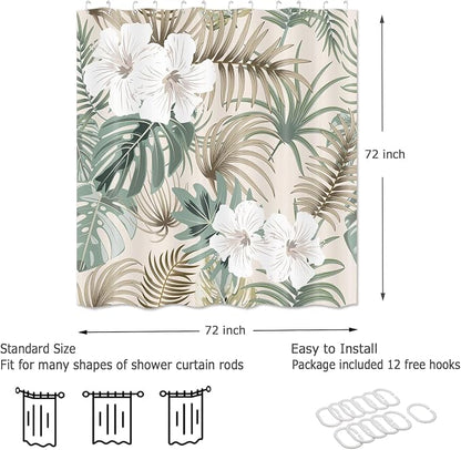 Tropical Shower Curtain for Bathroom, Green Palm Tree Flower Plant Boho Leaf Banana Monstera Sage Beige Shower Curtains Set, Fabric Bathroom Accessories with Hooks