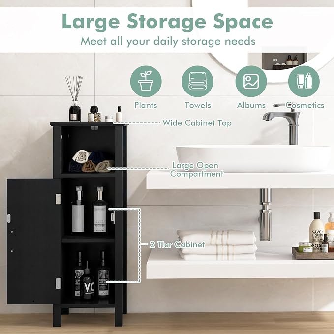 Giantex Narrow Bathroom Storage Cabinet with Adjustable Shelf (Black) | Corner Unit with Open Compartment, Anti-toppling Device, Freestanding Small Storage Organizer for Living Room