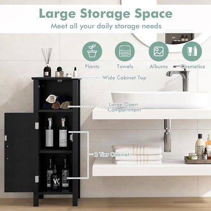 Giantex Narrow Bathroom Storage Cabinet with Adjustable Shelf (Black) | Corner Unit with Open Compartment, Anti-toppling Device, Freestanding Small Storage Organizer for Living Room
