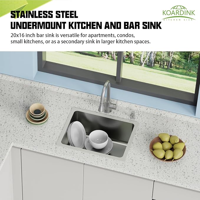 20x16 In Kitchen And Bar Sink- Stainless Steel Undermount Kitchen Sink Modern Single Bowl Drop In Bar Sink With Silicon Mat,Drain Strainer Set Compatibility With Various Kitchen & Bar Style