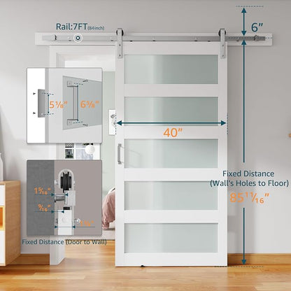 40'' x 84'' Glass Barn Door and 7FT Brushed Nickel Hardware Kit | MDF White Barn Door Slab with Frosted Glass, PVC Surface, Combined with Handle and Floor Guide-Assembly Required