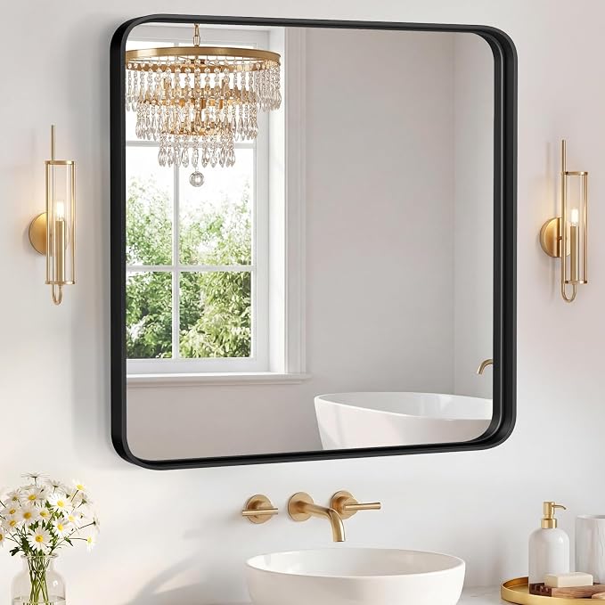 NEWBULIG Bathroom Mirror for Over Sink, 36X36 Inch Wall Vanity Mirror | Wall Mount, Tempered Glass, Anti-Rust Metal Framed, Rounded Rectangle, Farmhouse Home Decor, Black