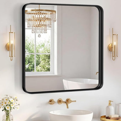 NEWBULIG Bathroom Mirror for Over Sink, 36X36 Inch Wall Vanity Mirror | Wall Mount, Tempered Glass, Anti-Rust Metal Framed, Rounded Rectangle, Farmhouse Home Decor, Black