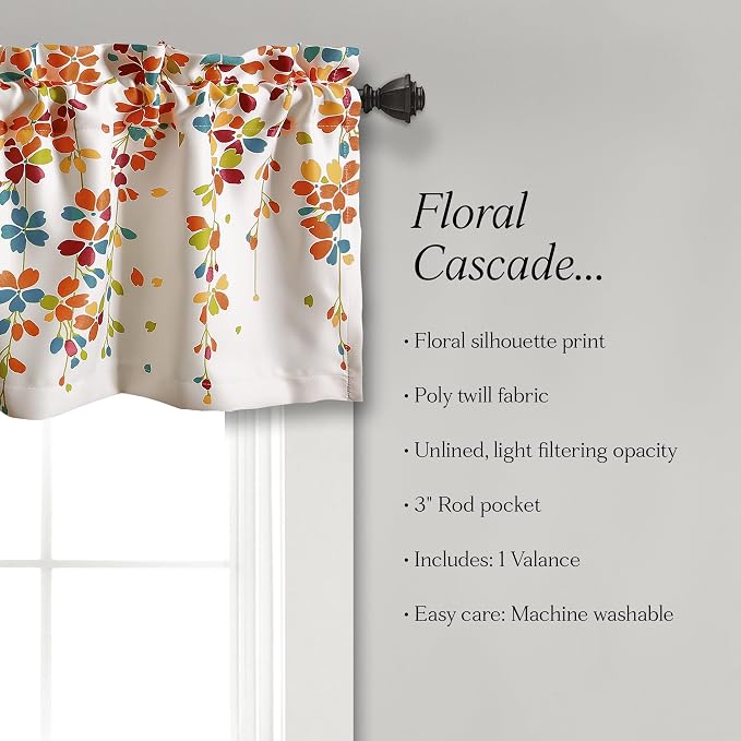 Lush Decor Weeping Flower Light Filtering Valance, 52" W x 18" L + 2" Header, Turquoise & Tangerine - Floral Curtains - Valance Curtains - Bathroom & Kitchen Valances For Windows - Farmhouse Decor