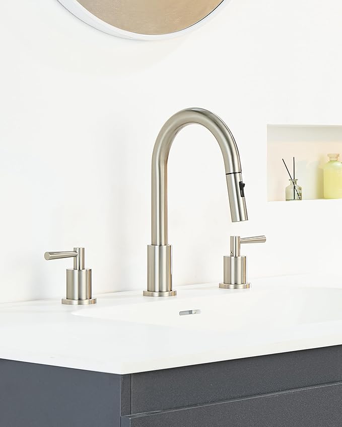 Bathroom Faucet 3 Holes - Brushed Nickel Bathroom Faucet with Sprayer - Widespread Sink Faucets 2 Handles - Pull Down Vanity Faucets with Pop Up Drain and Supply Lines