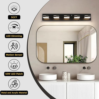 LED Modern Bathroom Vanity Light 5-Light, 32 inch 3CCT Dimmable Black Motion Sensor Vanity Lights for Bathroom Lighting, with 350° Rotatable Acrylic Heads and Auto-Off Bathroom Light