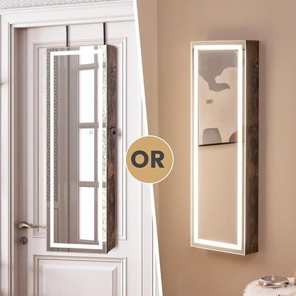 CHARMAID LED Mirror Jewelry Cabinet, 47.2'' Jewelry Armoire with Adjustable Lighted Full Length Mirror, Wall Mounted or Door Hanging, Lockable Jewelry Organizer Storage (Rustic Brown, 47.2''H)