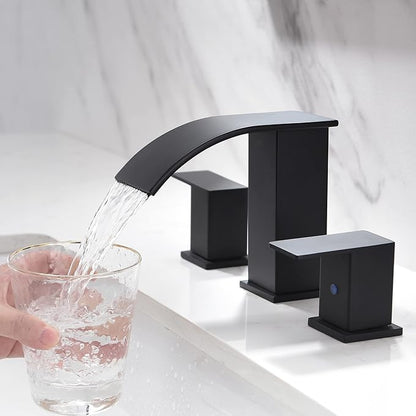 Black Waterfall Bathroom Faucet 3 Holes - 8Inch Widespread Bathroom Sink Faucet | Two Handles Modern Vanity Sink Faucets with Overflow Pop-up Drain & Supply Lines Matte Black Upgraded
