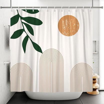 Boho Mid Century Shower Curtain Abstact Arch Sun Leaves Modern Minimalist Geometric Plant Aesthetic Shower Curtains Polyester Fabric Bathroom Decoration Curtain with Hooks 48x72 inch