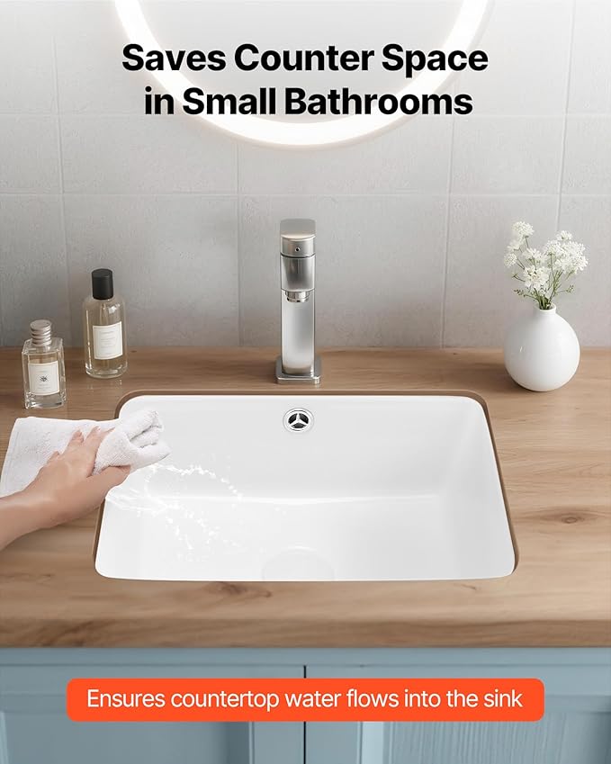 VEVOR Undermount Bathroom Sink, 15.75 x 12.01 Inch Rectangular White Ceramic Vessel Sink with Overflow Hole, Under Counter Drop in Modern Lavatory Vanity Bath Wash Bowl Basin, Rectangle Small Space