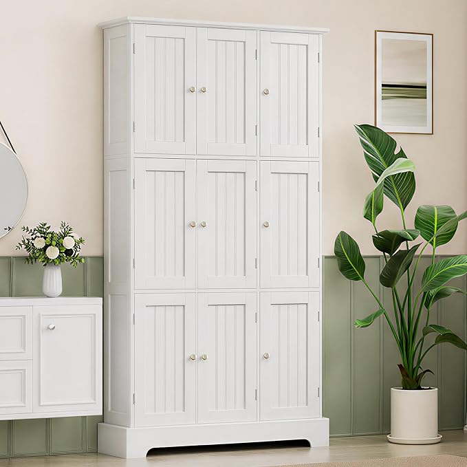 ChooChoo 63.2" Tall Bathroom Storage Cabinet with 9 Doors | Narrow Floor Cabinet, Adjustable Shelves, Slim Pantry Cabinet for Bathroom, Kitchen, Laundry Room, White