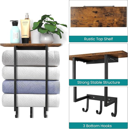 ELITEROO Towel Racks for Bathroom Wall Mounted, Hanging Towel Holder | Wood Towel Rack Shelf with 3 Hook for Washcloths Hand Towel, Bath Towel Storage Organizer for Bathroom, RV, Rustic Brown
