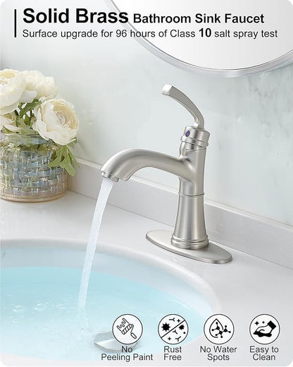 Brushed Nickel Bathroom Faucet Single Handle, Brass Bathroom Vanity Faucet 4 Inch Bathroom Sink Faucet 1 Hole or 3 Holes, Bathroom Faucets with Deck Plate & Pop-up Drain, No Noise