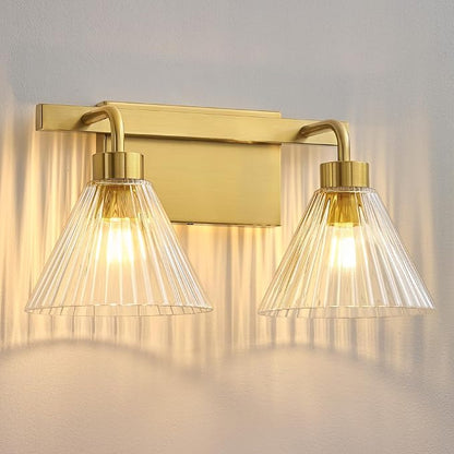 AIJIASI Bathroom Light Fixtures 2-Light Brushed Gold Vanity Lights 16 Inch Bathroom Lighting Fixtures Over Mirror with Ribbed Glass Shade Modern Wall Sconces for Living Room Hallway