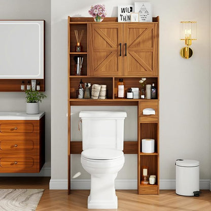 Vabches Over The Toilet Storage Cabinet with 2 Barn Doors, Caramel | Farmhouse Storage Cabinet with Toilet Paper Holder Stand，Home Space-Saving Toilet Rack, for Bathroom, Restroom, Laundry