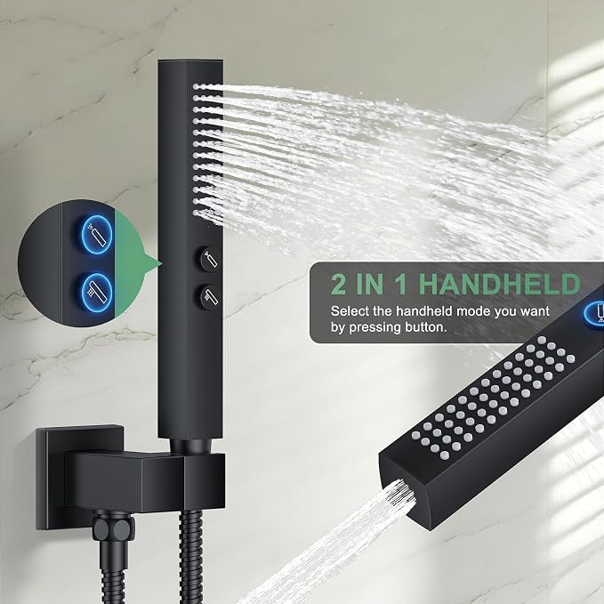 Rain Shower System with Rough-in Valve, Ceiling Mount Shower Faucet Set with 12" & 6" Dual Rain Shower Heads, 2-in-1 Handheld Shower, Tub Spout, 4-Function Complete Shower Fixture, Matte Black