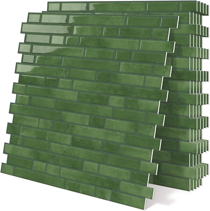 Peel and Stick Backsplash 3D Self Adhesive Wall Tile Green 10 Sheet | Thick,Sticky,Vinyl,12"x12",Marble,for Kitchen,Bathroom