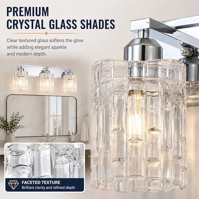 3-Light Crystal Vanity Light for Bathroom, Chrome Over Mirror Light Fixture, Modern Wall Mount for Living Room, Bedroom, Hallway