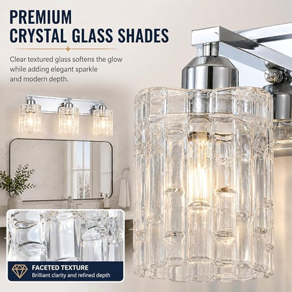 3-Light Crystal Vanity Light for Bathroom, Chrome Over Mirror Light Fixture, Modern Wall Mount for Living Room, Bedroom, Hallway