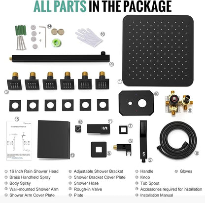 Waist Massage Spray Shower System with 6 Body Jets and Tub Spout, 16'' Full Body Bathtub Shower System with Shower Jet, Wall Mounted Rain Shower and Handheld Shower Faucet Set Complete, Matte Black