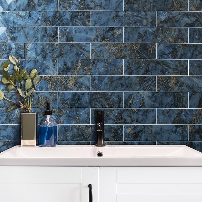 AULIGET 40-Piece Polished Blue Marble Peel and Stick Backsplash Wall Tiles, 3" x 12" PVC Faux Stone Stick on Tiles for Backsplash Kitchen, Bathroom, Laundry Room, Camper, Fireplace