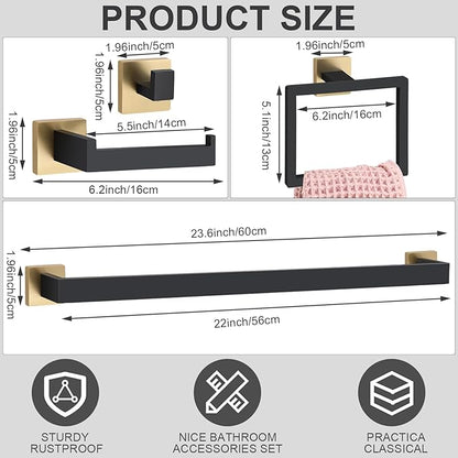 Gisafai 25 Pcs Black Gold Bathroom Hardware Accessories Set 23.6 Inch Bath Towel Bar Kit Stainless Steel Bathroom Hardware Set Towel Racks Ring Robe Hooks Paper Holder for Wall Mounted