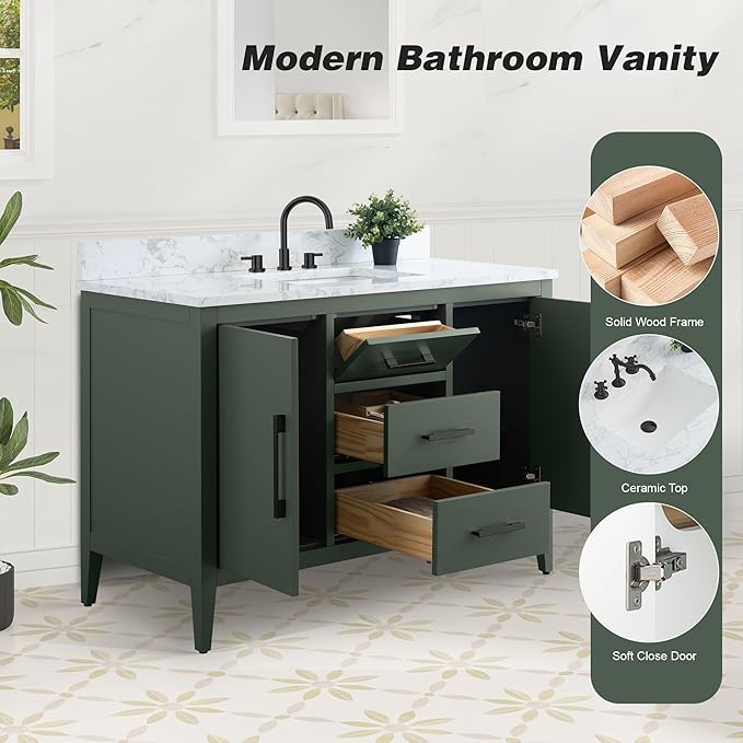 HomeBeyond 48 Inch Bathroom Vanity with Sink & Ceramic Top, Single Vanity Cabinet with Basin, Soft-Closing Doors & Matte Black Hardware, Vintage Green