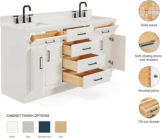 ARIEL Hepburn 66-inch Bathroom Vanity with Sink,Solid Wood, 1.5-inch Pure White Quartz Countertop & Backsplash, Double Rectangular Porcelain Sink, 4 Soft Closing Doors, 6 Dovetail Drawers, White