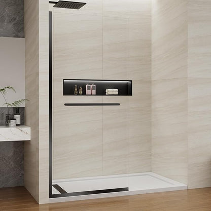 Shower Screen 36" x 76" Shower Wall Panel Matte Black Towel Bar | Tempered Glass 3/8 inch, Half Frameless Shower Wall Panel, Easy to clean Coating, Fixed Glass Shower Door With Hardware