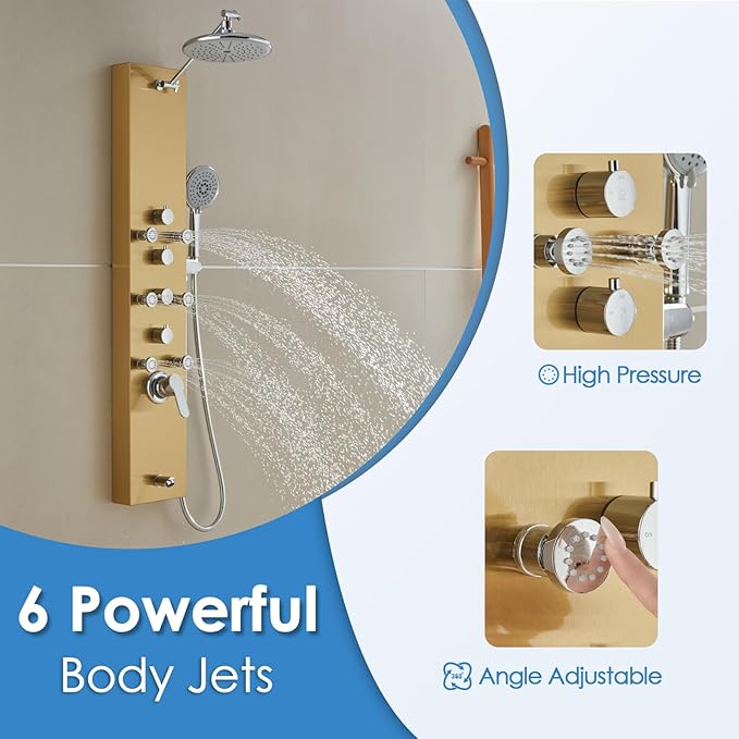 ROVOGO Gold Shower Panel Tower System, 4-Function (Rain Shower, Handheld Sprayer, Body Jets, Tub Spout) with Simultaneous Use Option, Stainless Steel Shower Column with Adjustable Head, 43.3"
