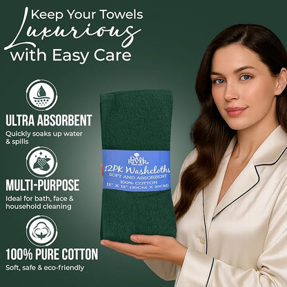 DAN RIVER 12 Pack Cotton Wash Cloths Set for Showering [12x12] Hunter Green | Lighter Weight, Quick to Dry, Super Soft & Absorbent Face Towels, Hotel Quality, Perfect for Bathroom, Gym, Spa