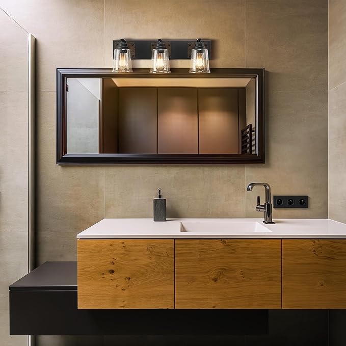Globe Electric 51852 3-Light Vanity Light, Bathroom Wall Fixture, Matte Black and Dark Faux Wood Finish, Clear Seeded Glass Shades, E26 Base, Dimmable