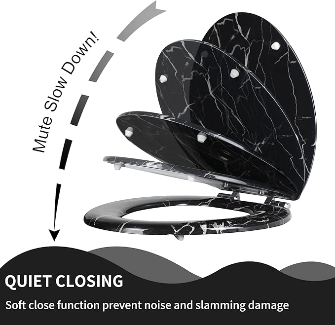 Angel Shield Marble Toilet Seat Durable Molded Wood with Quiet Close,Easy Clean，Quick-Release Hinges (Round,Black Marble)