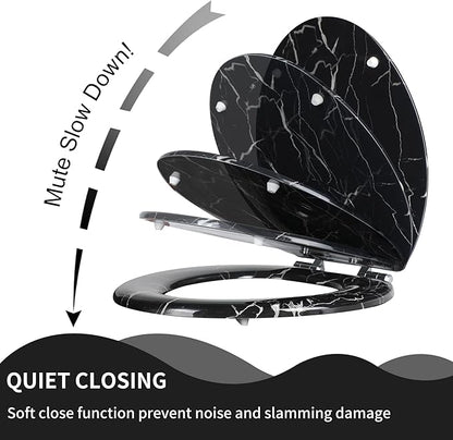 Angel Shield Marble Toilet Seat Durable Molded Wood with Quiet Close,Easy Clean，Quick-Release Hinges (Round,Black Marble)