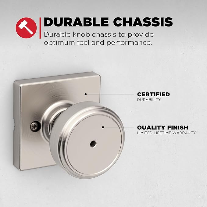 Kwikset Maven Interior Privacy Door Knob with Lock, Square Door Handle for Bathroom and Bedroom, Satin Nickel Keyless Turn Lock Doorknob, with Microban Protection