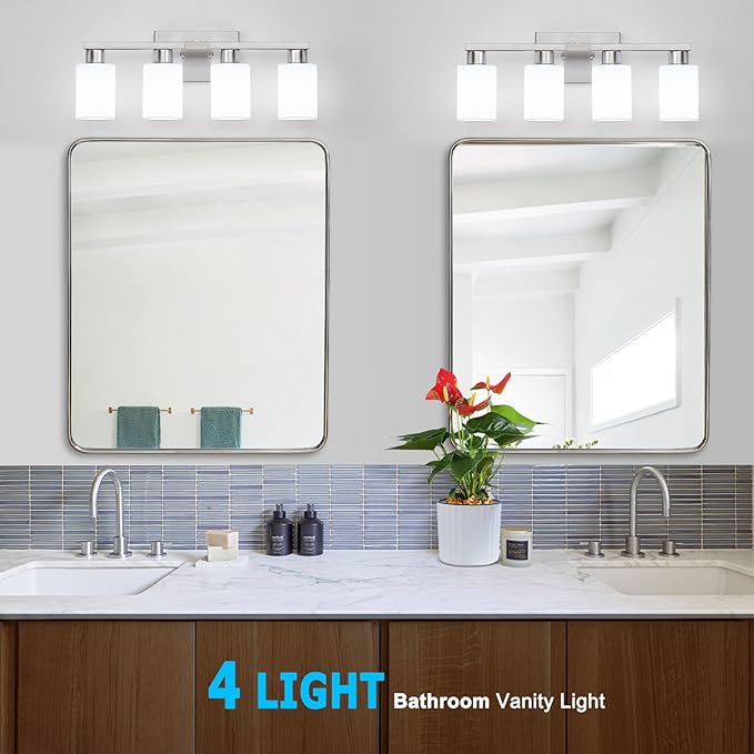 4 Light Bathroom Vanity Light Brushed Nickel Modern Bathroom Light Fixtures Nickel Vanity Lights with Eye-Friendly Milky White Frosted Glass Shades E26 Socket (Bulbs Not Included)