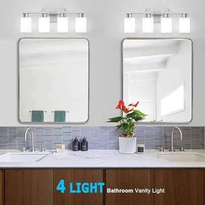4 Light Bathroom Vanity Light Brushed Nickel Modern Bathroom Light Fixtures Nickel Vanity Lights with Eye-Friendly Milky White Frosted Glass Shades E26 Socket (Bulbs Not Included)