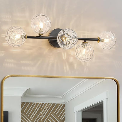5 Lights Bathroom Vanity Light,Matte Black Globe Bathroom Light Fixtures | Hammered Clear Glass Wall Sconce Lighting,Mid Century Modern Brass Bubble Glass Bathroom Vanity Lights over Mirror,G9 Base
