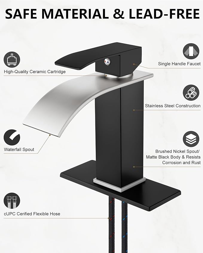 Midanya Bathroom Faucet with Waterfall Spout, Single Hole or 3-Hole Deck Mount, 304 Stainless Steel Sink Faucet with Pop-Up Drain, RV Vanity Compatible,Brushed Nickel Spout/Matte Black
